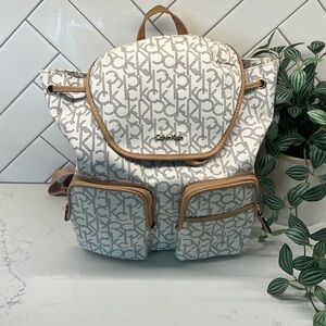 Calvin Klein Monogrammed White and Tan Backpack